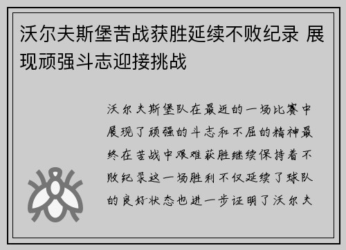 沃尔夫斯堡苦战获胜延续不败纪录 展现顽强斗志迎接挑战