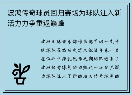 波鸿传奇球员回归赛场为球队注入新活力力争重返巅峰