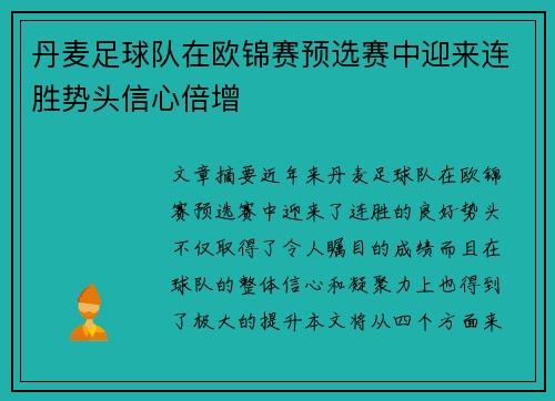 丹麦足球队在欧锦赛预选赛中迎来连胜势头信心倍增