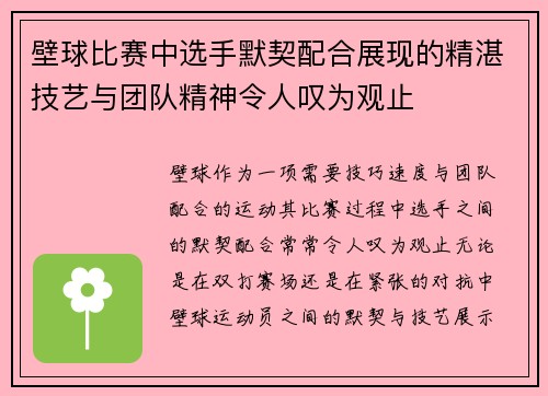 壁球比赛中选手默契配合展现的精湛技艺与团队精神令人叹为观止