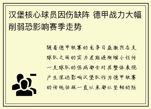 汉堡核心球员因伤缺阵 德甲战力大幅削弱恐影响赛季走势