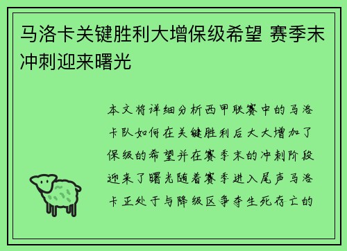 马洛卡关键胜利大增保级希望 赛季末冲刺迎来曙光