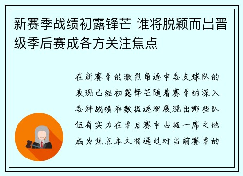 新赛季战绩初露锋芒 谁将脱颖而出晋级季后赛成各方关注焦点